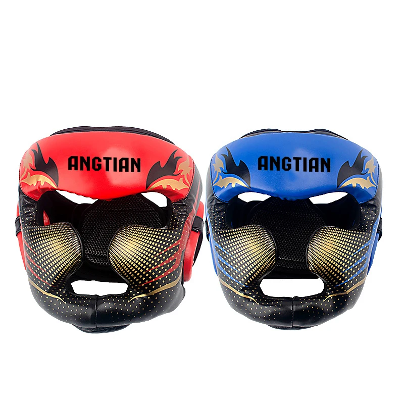 

ANGTIAN wholesale leather mma muay thai training head gear professional boxing head guard, Red,blue,black,yellow,white,gold,sliver,pink