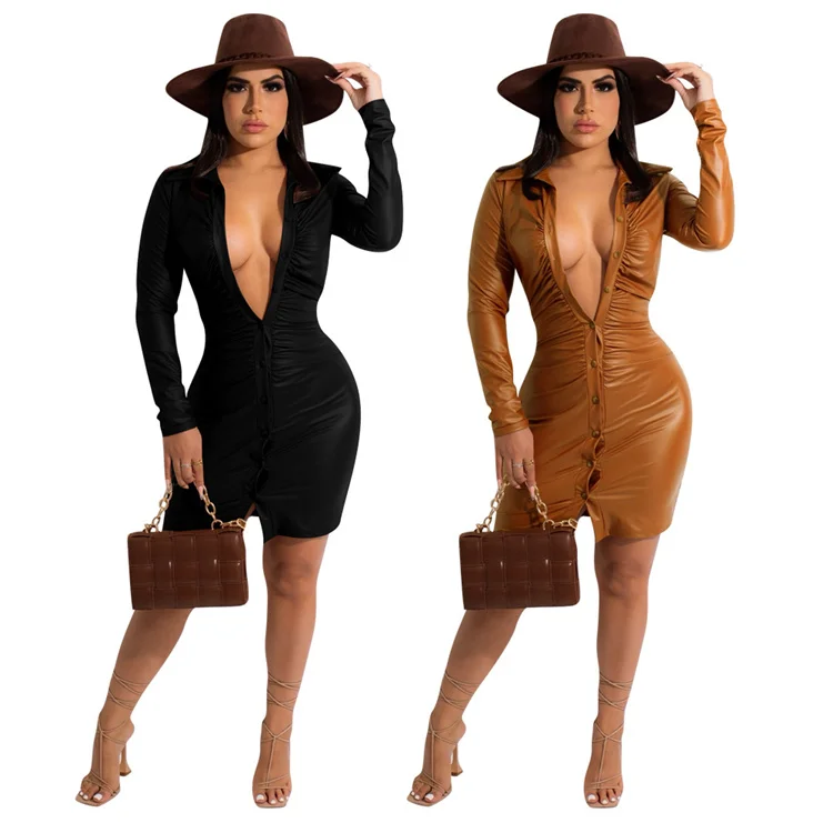 

LvCong Wholesale fall clothes solid color pu deep v button up dress black plus size leather dress