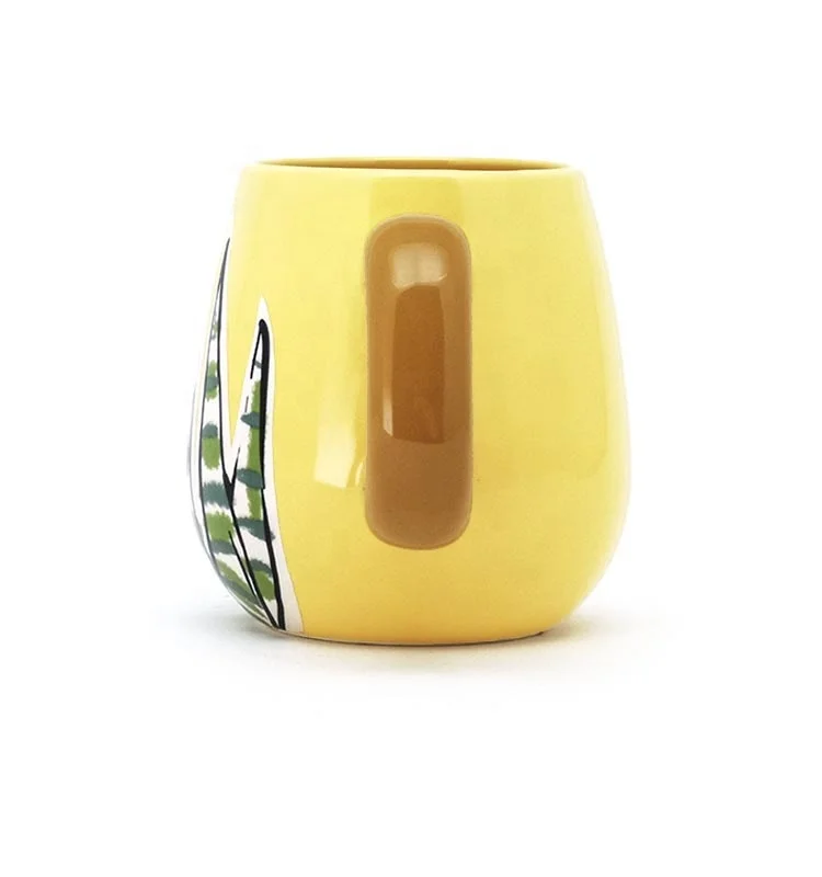 
Oval shape 16OZ ceramic stoneware smart coffee mugs plants mug yellow grey for gift 