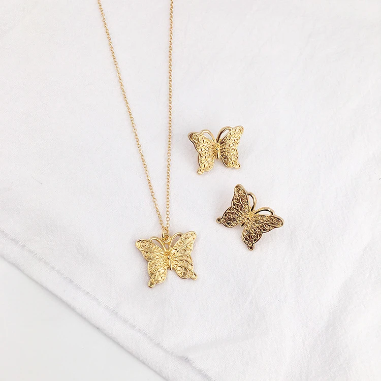 

Provide Samples New Trending hot sale women gold plated butterfly necklace and earring post set