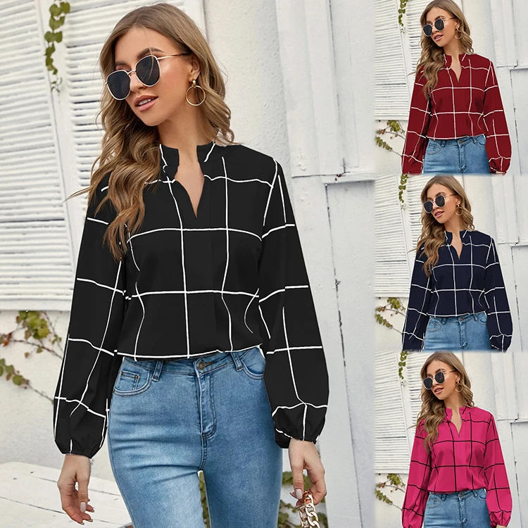 

Summer Loosen Stripe Plaid Blouse Casual Long Sleeve Notched Neck Loose Blouse Windowpane Plaid Notched Neck Blouse, Green,rose red,yellow