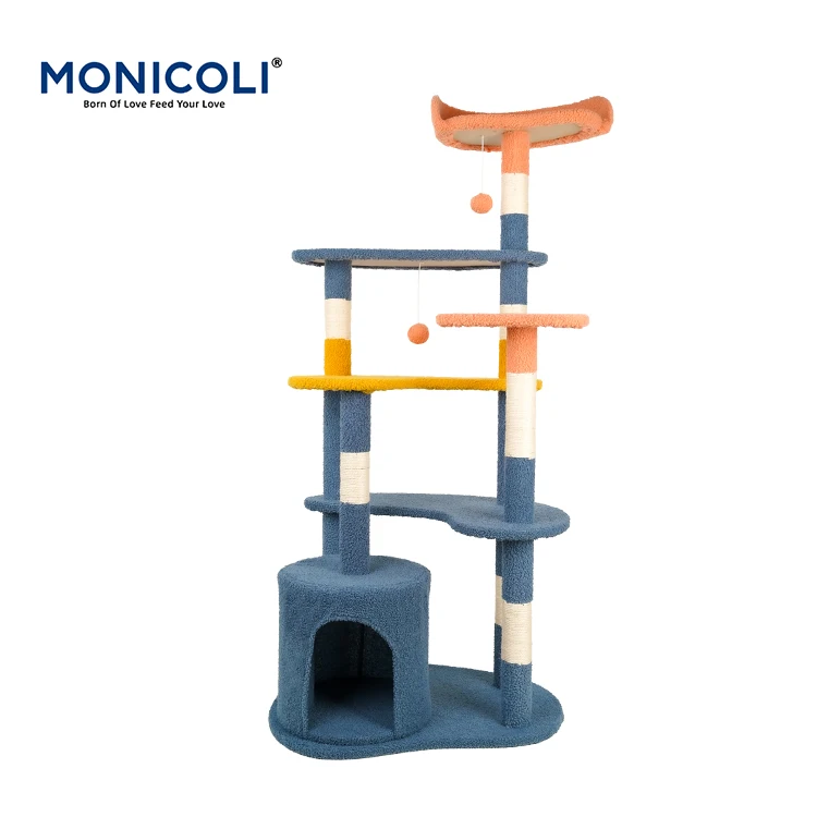 

A1 Luxury Modern Design Wooden Big Scratcher Post Pet Furniture Large Sisal Climbing Condo Tower Cat Tree House For Cat, Blue&orange&white