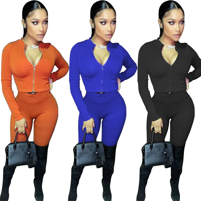 

MT269-6612 autumn and winter sexy tight-fitting zipper two-piece solid color long-sleeve top pencil pants women clothing sets