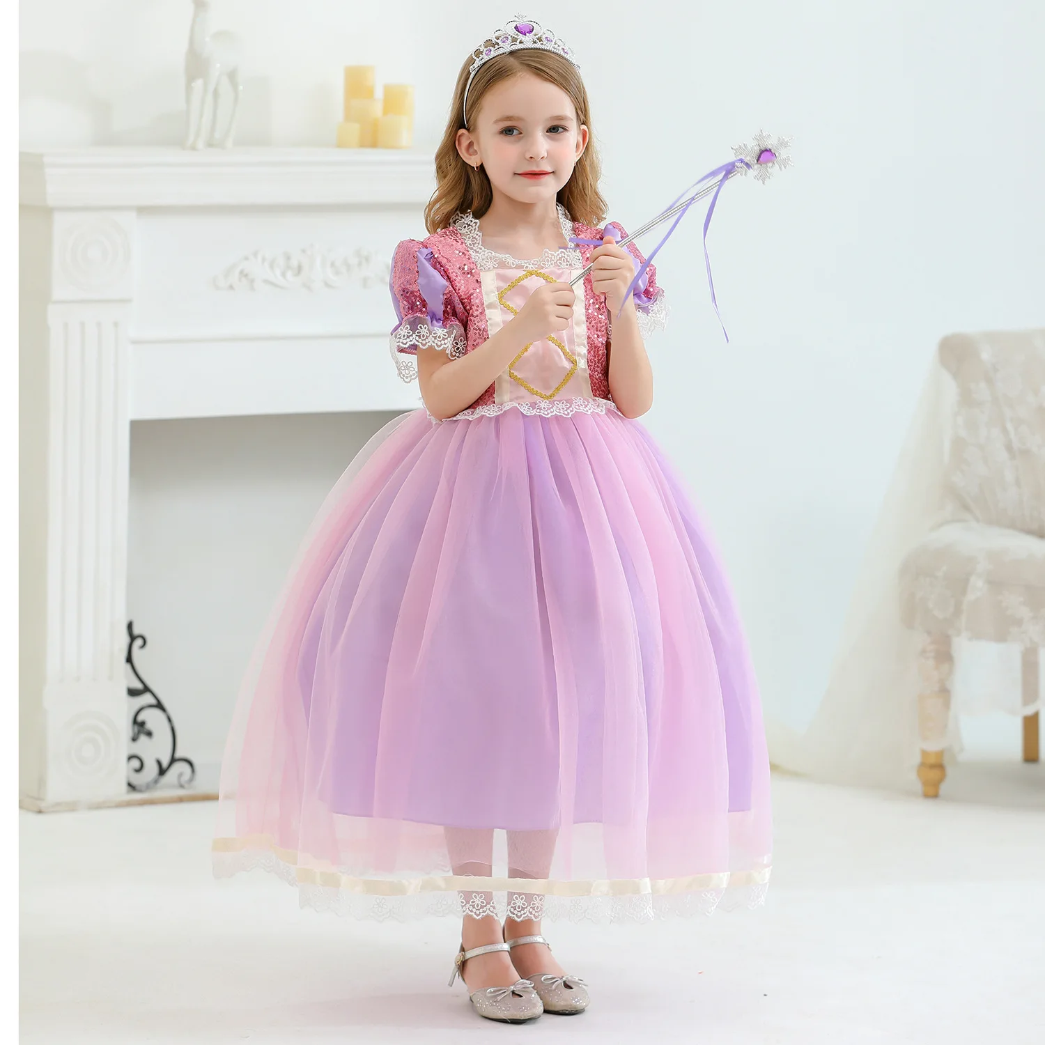 

New Purple Rapunzel Sequined Kids Dresses Cosplay Costumes Halloween Sophia Long Dress BX0615