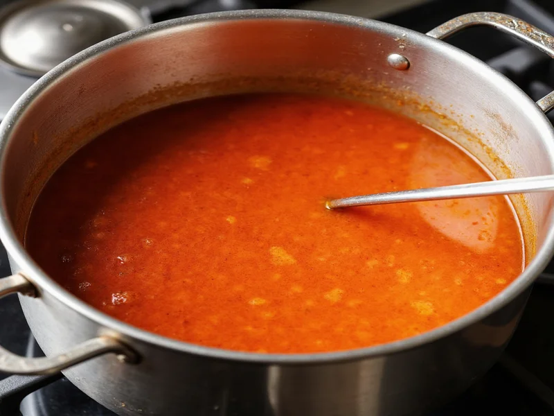 Simmering tomato soup in stainless steel pot