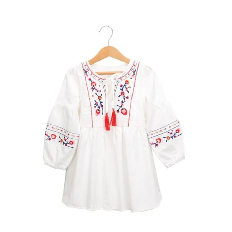 

New European And American Children's Clothing 2021 Spring Autumn Loose Embroidery Blouse Lace-up Tassel Girls Long Sleeve Dress, 2 colors