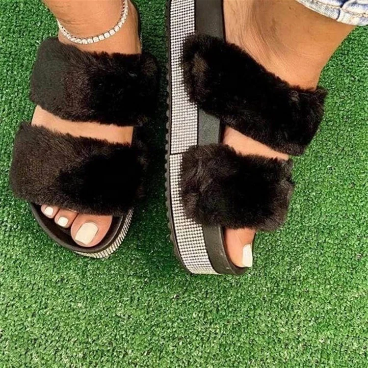 

Fall outdoor women platform fur slippers rhinestone women slides jelly Diamond bling platform outdoors ladies sandals, 4 color options