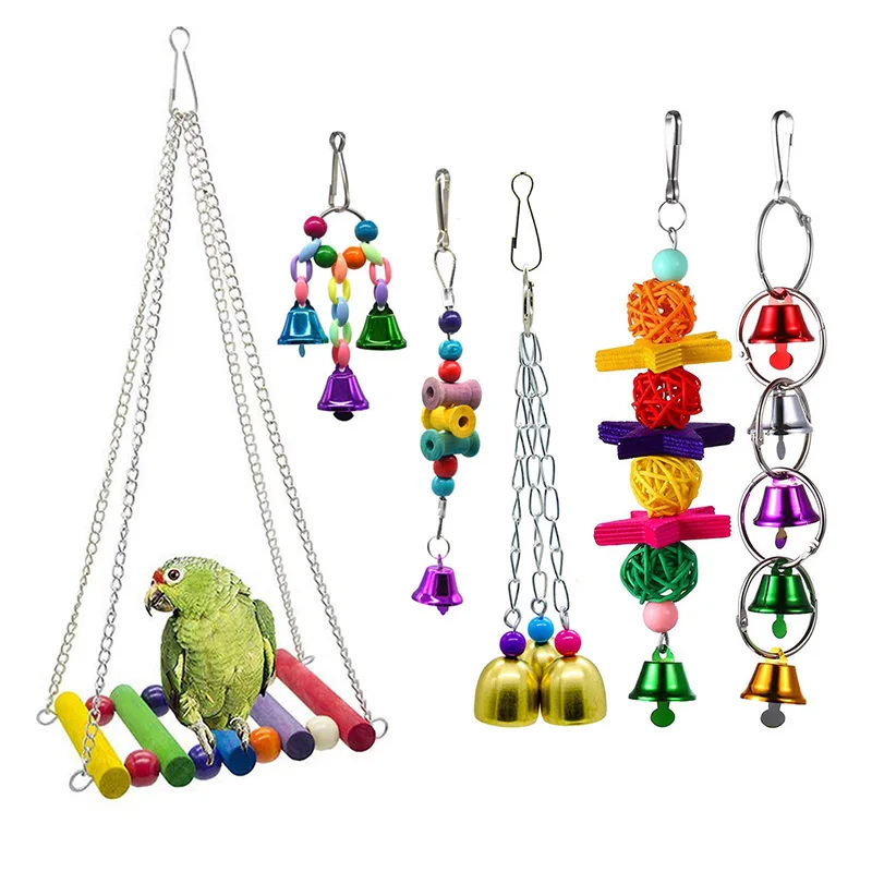 

Pet Bird Toys Wooden Bird Perches Parrot Stand Climbing Hanging Bell Toy For Cockatiels Birds Parrot Toys