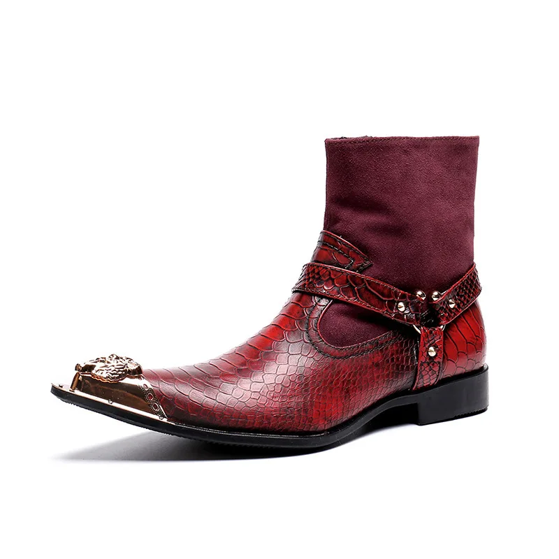 

Dropshipping Trendy Men's Red Leather Shoes Stitching Steel Toe Side Zipper Warm Men's Work Boots