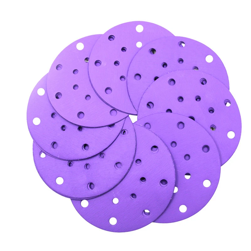 Purple Ceramic Sandpaper 150mm 17holes Hook and Loop Sanding Disc Aluminum Oxide Porous Abrasive Discs for Car Polishing