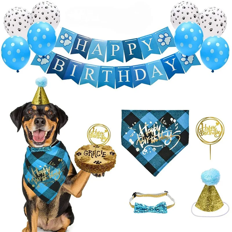 

Dog Birthday Bandana Boy Girl Hat Scarfs Flag Balloon with Cute Doggie Birthday Party Supplies Decorations, Blue pink