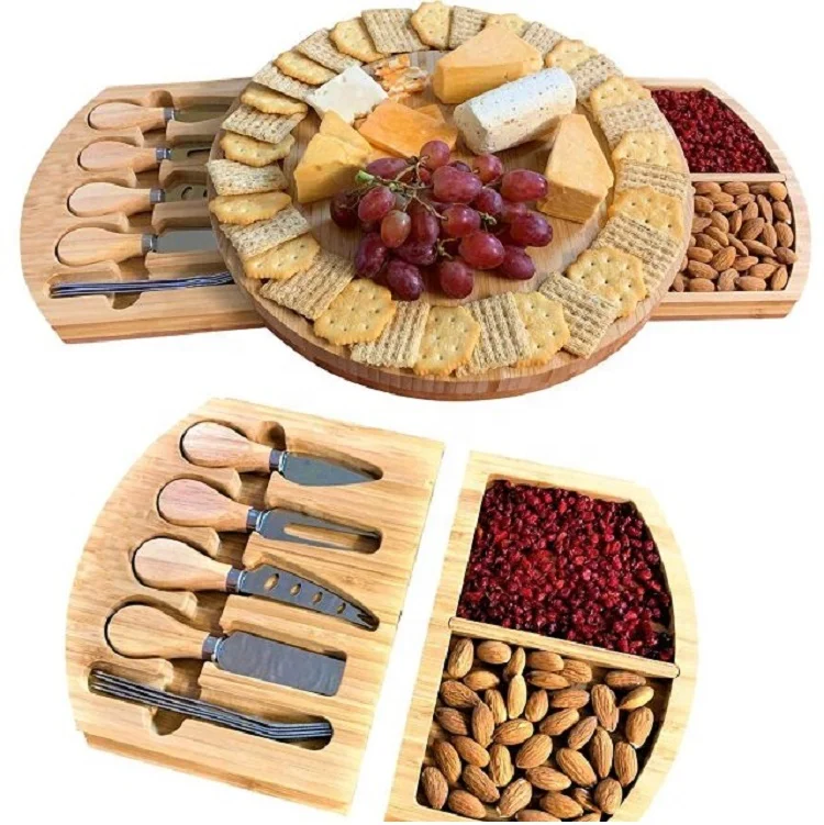 

Round Bamboo Cheese Board and Knife Set with Platter and Serving Tray, Natural bamboo