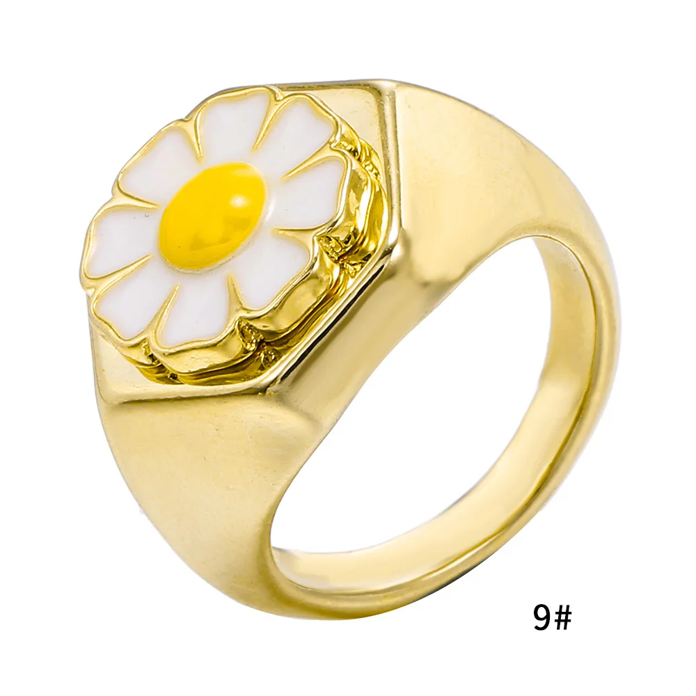 

2021 New Brass Rings With Gold Plated Korean Cute Enamel Daisy Tulip Heart Yin and Yang Rings Copper Zircon Jewelry for Women