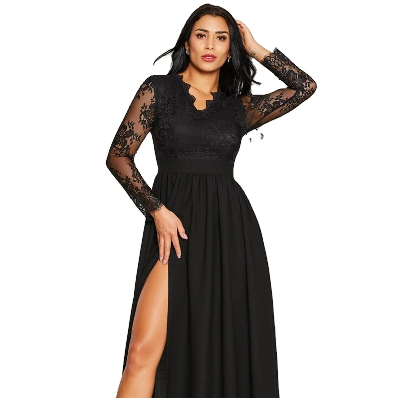 

New style long dress kleid abend women Sexy lace v-neck evening dress Spring and summer Solid color dress