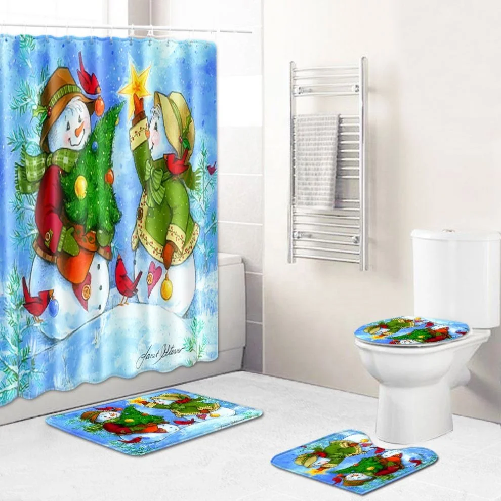 

Happy New Year Christmas Snowman Cartoon Print Shower Curtain Floor Mat Toilet Mat Set, Picture