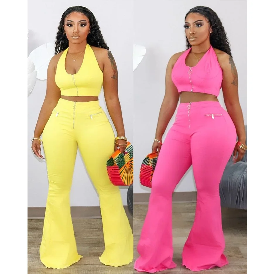 

2021 Hot Sale Autumn Two Piece Women Outfit Halter Flared Pants Imitation Denim Two Piece Suit New Sexy Casual Plus Size Women Suit