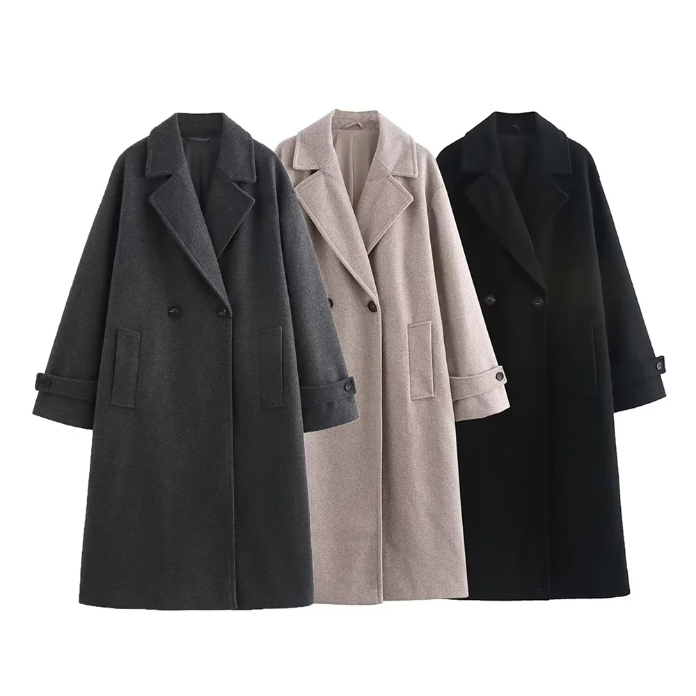 ZATRHMBM Winter Women's Tweed Overcoat 2024 Fashion Outerwear Long Sleeve Double Breasted Loose Jacket Long Women's Warm Coat