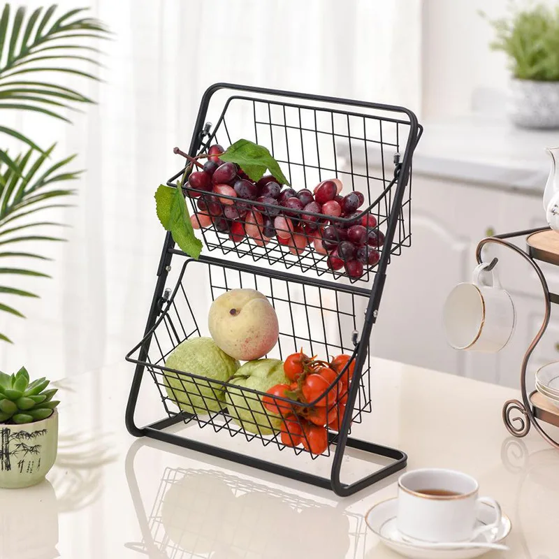 

2 Tier Seasoning Metal kitchen Fruit Storage Hanging Baskets, Black/white