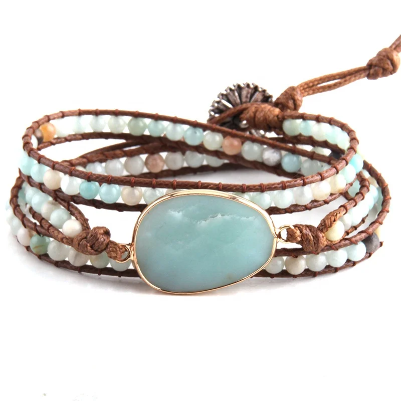 Fashion Beaded Jewelry  Bracelet Handmade Natural Stones and Stone Charm 3 Strands Amazonite Leather Wrap Bracelets