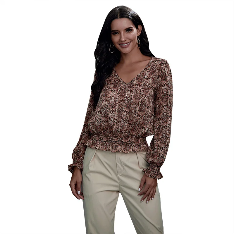 

Ladies Elegant Print Women Casual Shirts Long Sleeve Blouse V-neck Tops