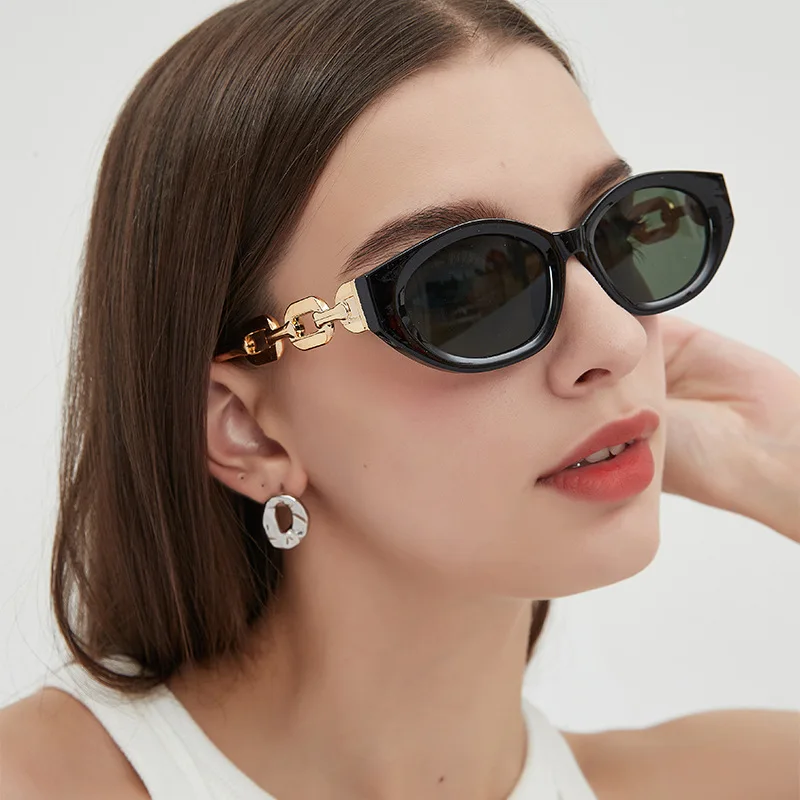 

Fashion Designer Luxury Sun Glasses Brand Cat Eye Small Frame Chain Shape Temple Women UV400 Shades Sunglasses