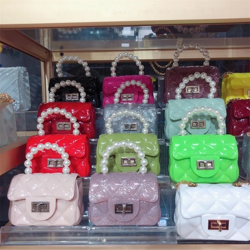 

2021 New Pvc Mini Jelly Rhombus Chain Pearl Handbag Children Small Shoulder Bag Handbags Wholesale, 15 colors