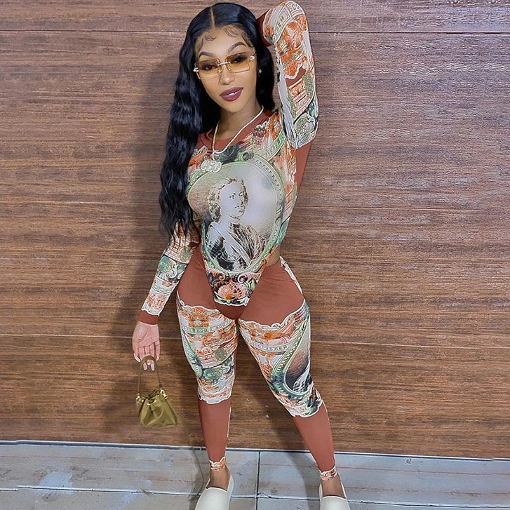 

S1689D women sexy bodysuit and pants two pieces sets Fashion print outfits