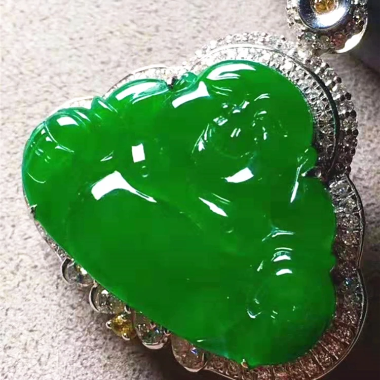 

Buddhist Pendant Jade Stone Jewelry Green Transparent Icy Natural Jadeite Buddha 18k Gold Pendant, Transparent/green