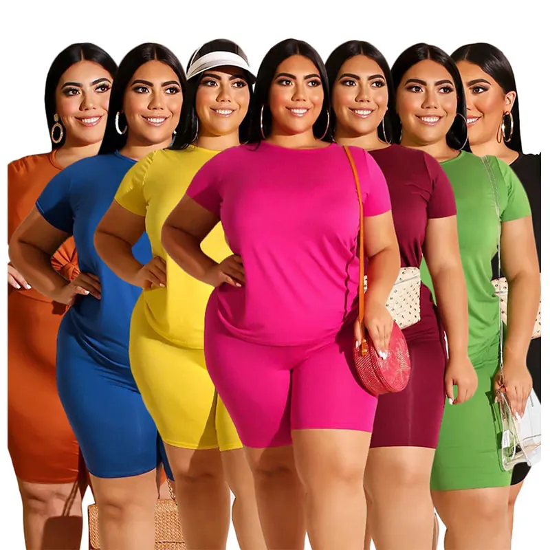 

Plus Size Women Clothing XL-4XL 2021 Summer Women Sets Tracksuits Short Sleeve Top Pants Suit Outfits Two Piece Set, Yellow, black, red,pink,blue,green,orange