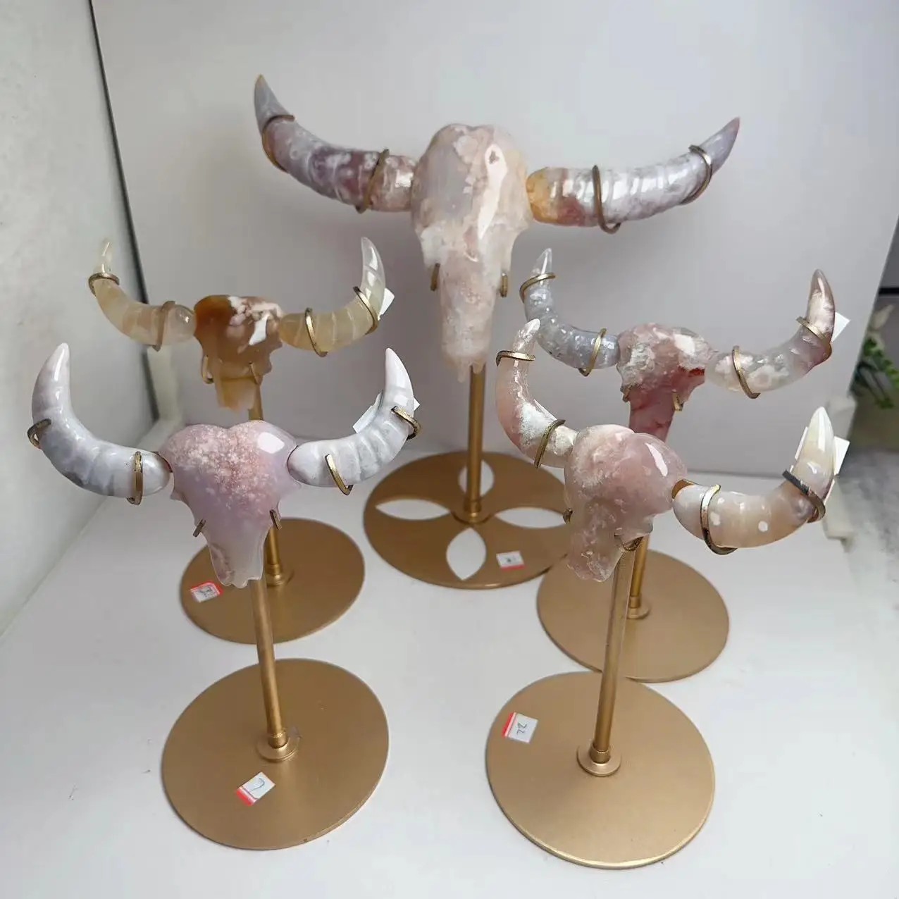 Amazing Carvings Animal Crystal Crafts Natural Polished Flower Agate Crystal Ox for Decoration