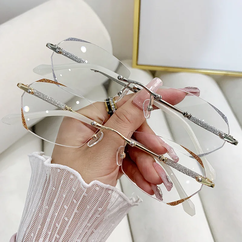 

4315 Luxury Rimless Anti Blue Light Reading Glasses Women Diamond Cut HD Eyeglasses Computer Eyewear Diopter 1 To +4.0