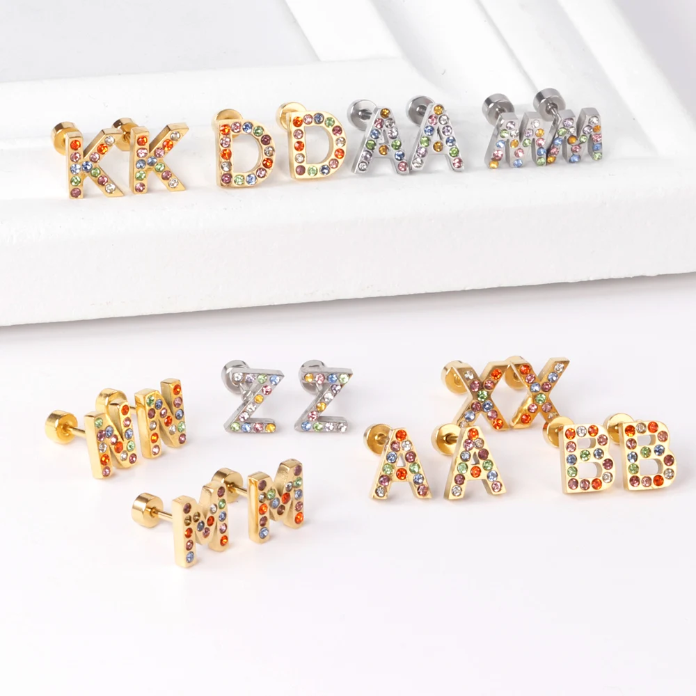 

Ason 18k Gold Plated Hypoallergenic stainless steel 26 Letters Screw Earring Women Custom Jewelry Earring