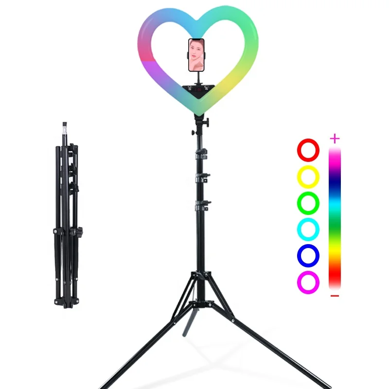 

19 inch RGB selfie heart shaped ring light with tripod and cell phone holder for youtube tik tok, White/black/custom