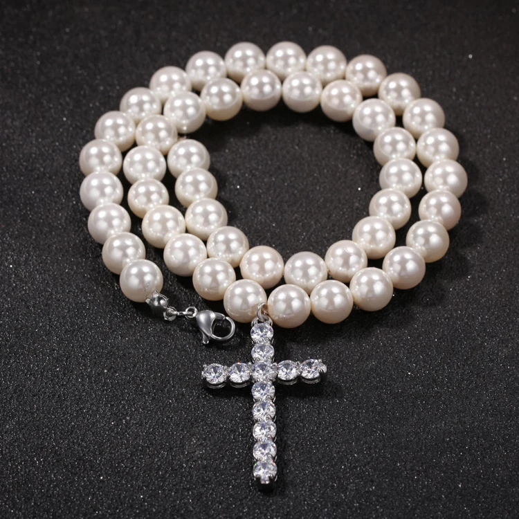 

Wholesale Drop Shipping Fashion Design Mens Pearl Necklace with Cross Charm