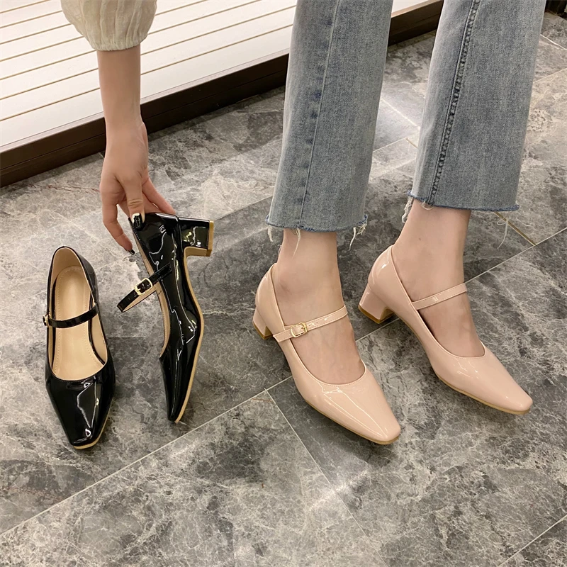 

113503 Daily wear autumn fashion faux leather solid colour women comfy shoes square heel Mary Jane pumps female single shoes