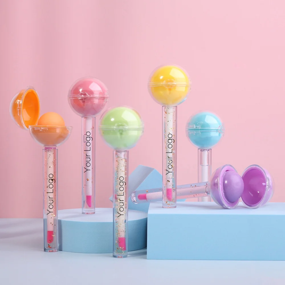 Private Label Vegan Lip Gloss Base Lollipop Natural 2 In1 Makeup Cosmetics Ball Lip Balm for Kids