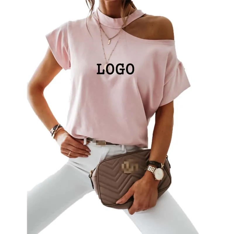 

Custom logo women sexy white shirts halter off shoulder summer plain t shirt for lady