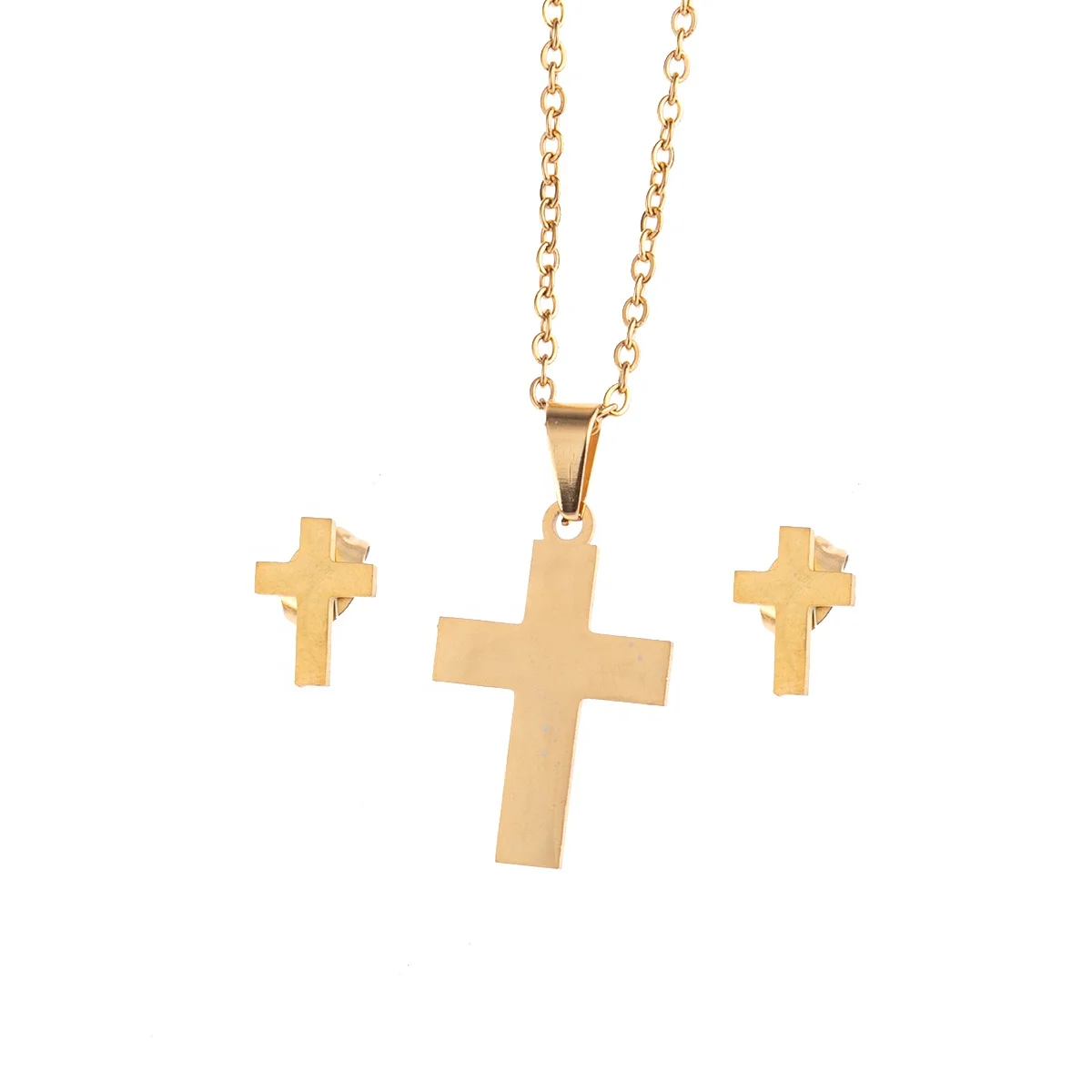 

New Stainless steel gold necklace earring set Gift Stainless Steel Charm Cross Earring Necklace Jewelry Set