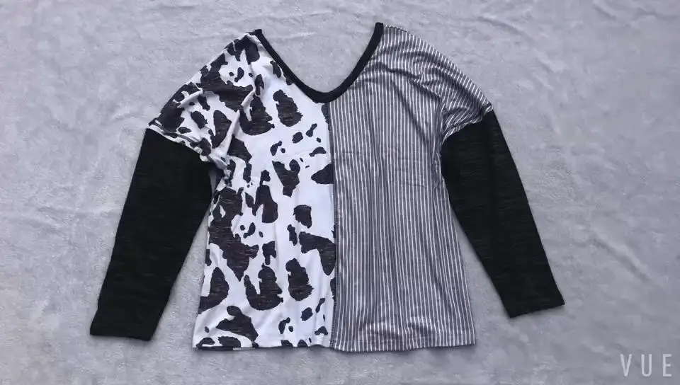 

New Arrival Women's Sexy Deep V Neck Color Block Blouse Long Sleeve Shirt, Photo show