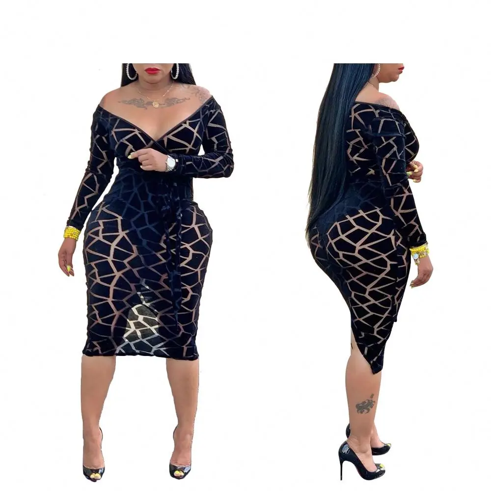 

2019 Hot Sexy Women Transparent V Neck Night Club Party Plus Size Bodycon Midi Dresses