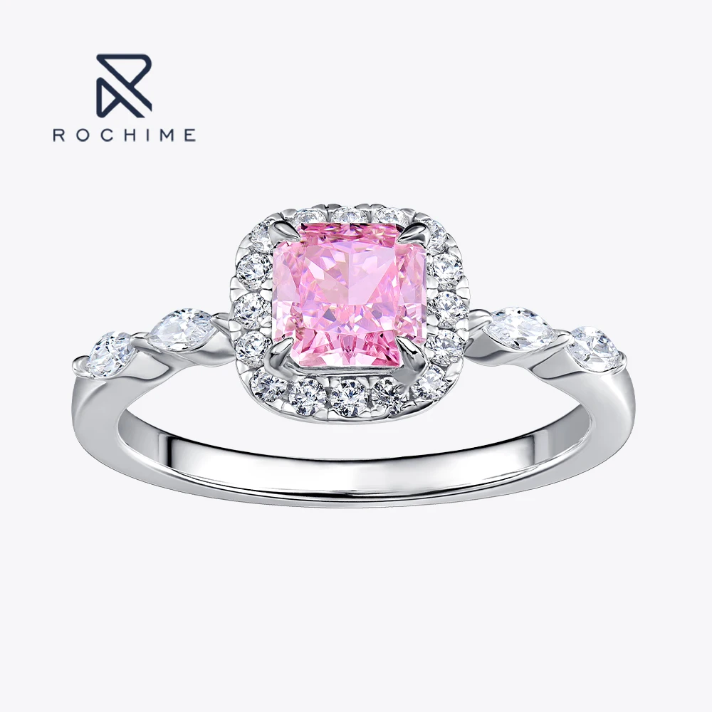 Rochime Sparkling halo Yellow pink Color Gemstone Rings 925 Sterling Silver Rhodium Plated  Trendy Jewelry for Women