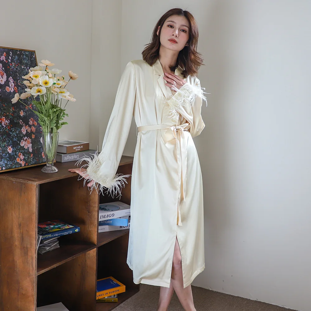 

Beta original design satin silk pajamas women yellow feather pj Bridesmaid robe peignoir bathrobe for the bride, Customized color