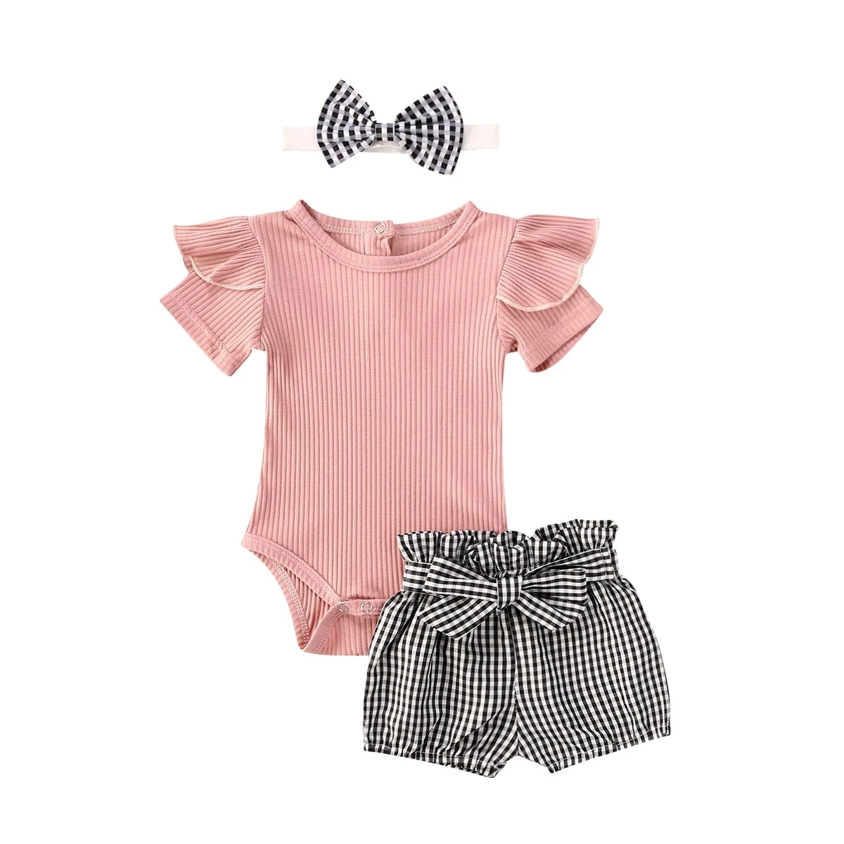 

Summer Solid 3Pcs Infant Girl Outfits Set Short Sleeve Ruffle Romper + Plaid Shorts + Bow Headband Clothes