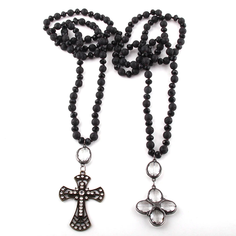 

Fashion Bohemian Tribal Jewelry Black Lava Stones/Glass Long Knotted Cross Necklaces Women Necklace, 2 different stone