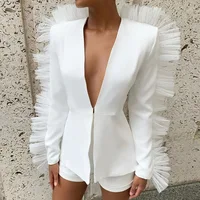 

Deep V-Neck Mesh Spliced Sexy Womens Blazer And Shorts Sets Long Sleeve Autumn Two Piece Set Women Suits Black Casual Y12236