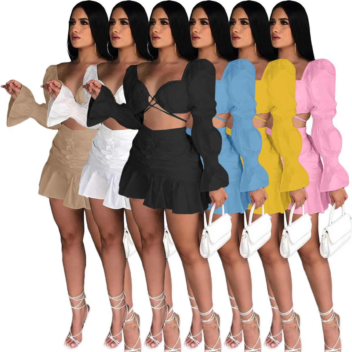 

10813-MX57 solid color mini two piece pattern shirt bodycon casual dresses women sehe fashion