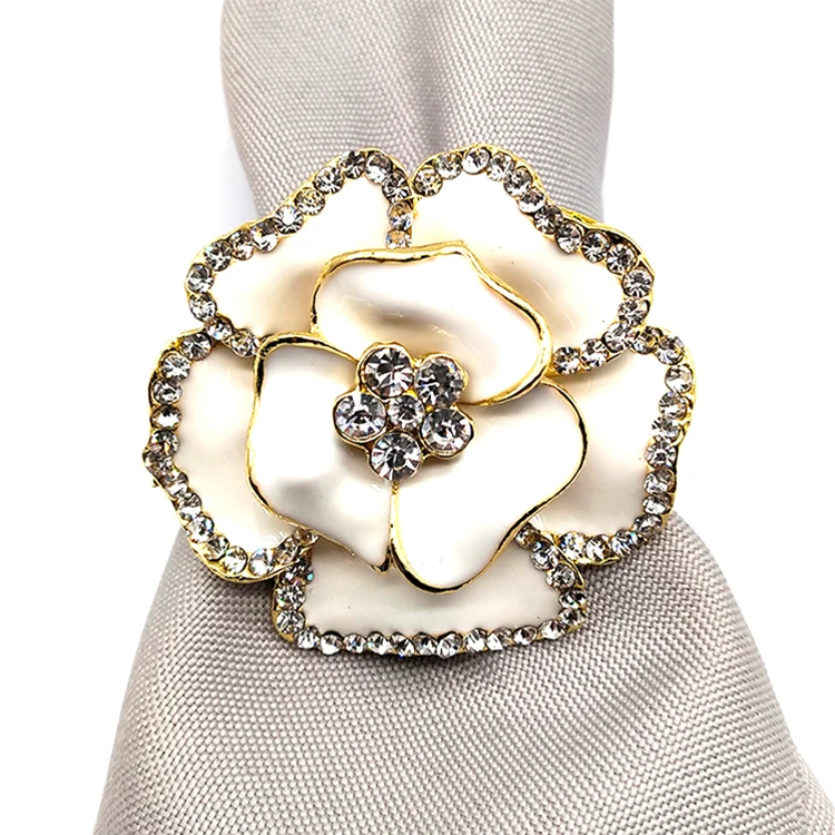 

New Arrival Rose-shaped Gold-plated Enamel Rhinestone Napkin Ring For Table Decoration,Gold Napkin Rings,Flower Napkin Rings