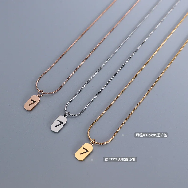 

Hot Sale Fashion Stainless Steel 18K Gold Plated Arabic Lucky Jewelry Hollow Number 7 Square Clavicle Snake Chain Necklace