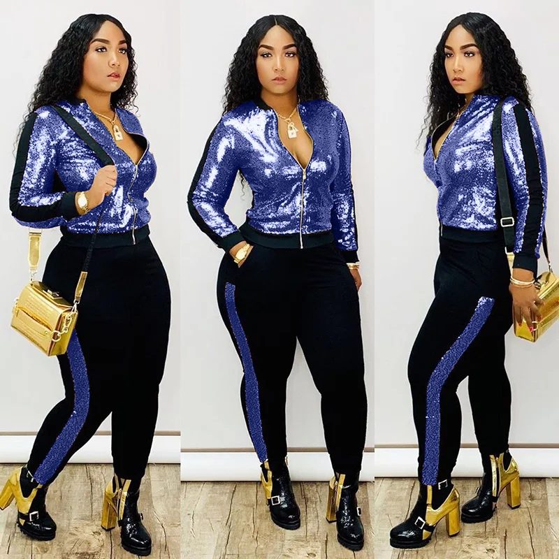 

2021 Women Sweatsuit Bling Jogger Set Women Tracksuit Set Winter Sequin Glitter Two Piece Pants Set