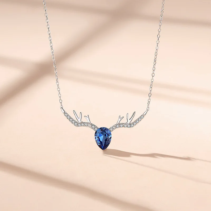 

Christmas Deer S925 Sterling Silver Elk Embellished Blue Crystal Eternal Love Necklace